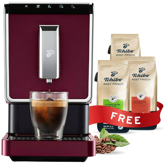 Tchibo Automatic Espresso & Coffee Machine Bundle with Built-in Grinder Comes With 3 x 12 oz. Bags of Whole Bean Coffee Red